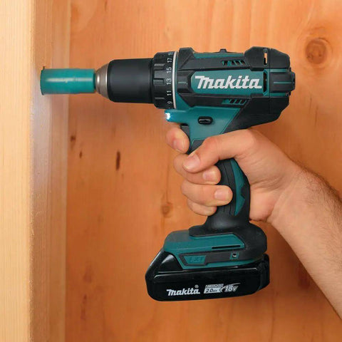 Workhorse Compact Cordless Driver Drill Kit Featuring Slick 18V Lithium Ion Power Half Inch Keyless Chuck And Pro Grade Torque Built For The Daily Grind in use, drilling into wood.