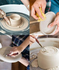 Collage of hands using 18 Piece Clay Sculpting Tools Set For Pottery And Sculpting With Wooden Handles Durable Carving Kit