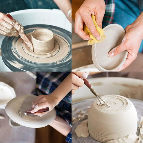 Collage of hands using 18 Piece Clay Sculpting Tools Set For Pottery And Sculpting With Wooden Handles Durable Carving Kit