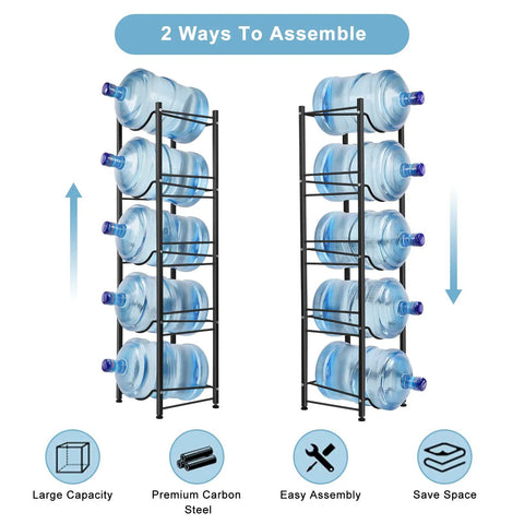 Beefy 5 Tier Detachable Water Bottle Holder for 5 Gallon Jugs Adjustable Horizontal or Tilt Storage Rack Black shown with water bottles
