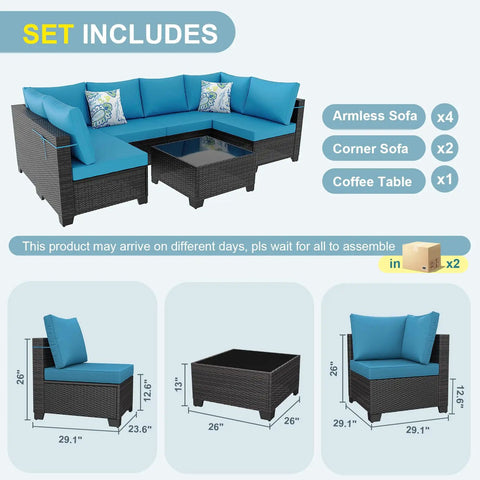 Chill 7 Piece Outdoor Patio Sectional Wicker Set With Waterproof Cushions, Garden Porch Balcony Backyard Conversation Couch