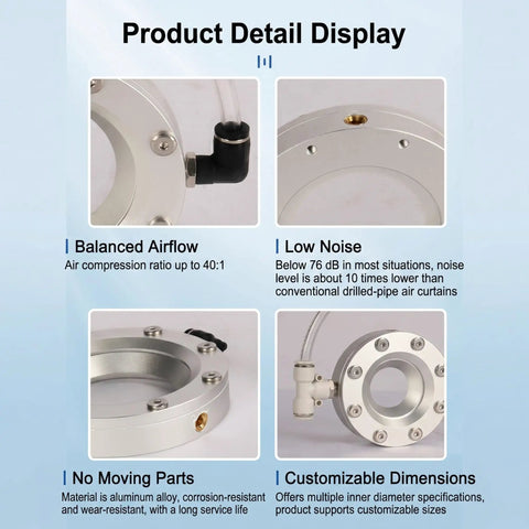 Premium Circular Air Knife Annular Nozzle showing aluminum construction, features for noise reduction and airflow balance.