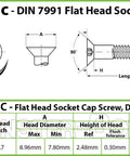 Illustration of M4 X 15Mm Flat Head Socket Cap Screws Din 7991 Class 129 Alloy Steel Black Oxide Coated Fasteners dimensions and details.
