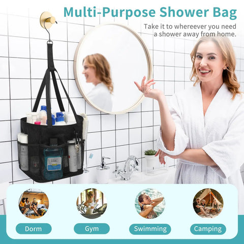 Mesh Shower Caddy Portable For Dorm Room Essentials hanging on tile wall in bathroom with toiletries.