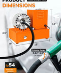 Pro Grade Electric Hydraulic Hose Crimping Machine With Eight Heavy Duty Dies Built Different For Snappy And Steady Crimps On R1 And R2 Braided Fuel Lines Garage Ready, showing dimensions and crimping range.