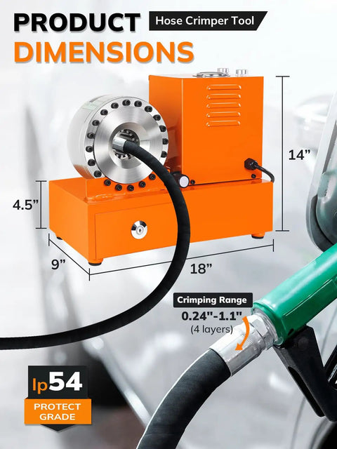 Pro Grade Electric Hydraulic Hose Crimping Machine With Eight Heavy Duty Dies Built Different For Snappy And Steady Crimps On R1 And R2 Braided Fuel Lines Garage Ready, showing dimensions and crimping range.