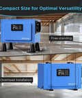 125 Pints Commercial Dehumidifier For Crawl Spaces And Basements With Drain Hose, shown in a crawl space, free-standing and overhead installation.