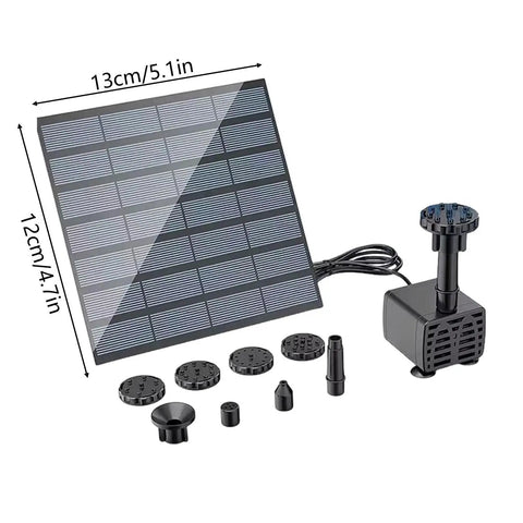 Sun Powered Pond Pump Kit With 1.5W Silent Motor, 200L High Flow Rate, showing solar panel and attachments