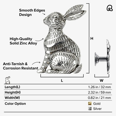 Six Pack Bunny Silver Animal Cabinet Knobs For Cabinets Dressers And Closets, Crystal Accented Drawers Pulls side view