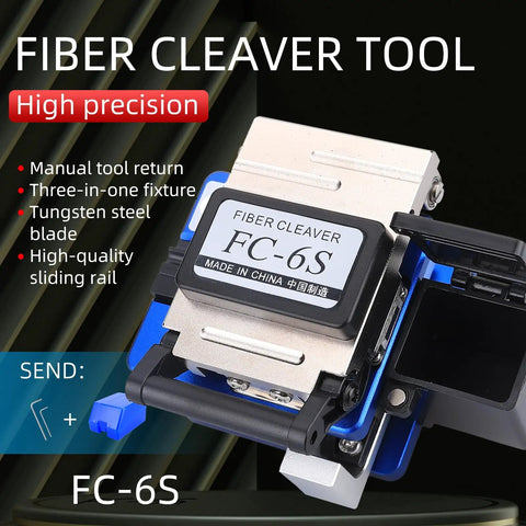 Precision Optical Fiber Cleaver FC-6S With Built-In Shred Collector For 250um To 900um Coating showing tungsten steel blade and sliding rail.