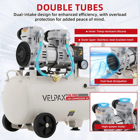 8 Gallon Oil Free Air Compressor Ultra Quiet 68dB Noise Level 1.75 HP Motor 110V 1300W High Pressure Output Perfect For Spray Painting Auto Repair And Garage Woodworking Tasks
