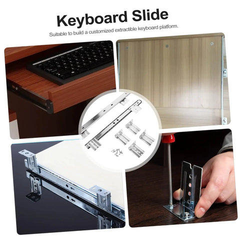 Collage of 13.77 Inch Bearing Keyboard Slide Rails With Soft Close Under Desk Drawer Slides, showing assembly and installation.