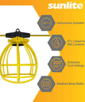 Built Tough Construction Cage String Lights 100 Ft Long With 10 E26 Medium Base Sockets 150W Max Per Bulb ETL Certified