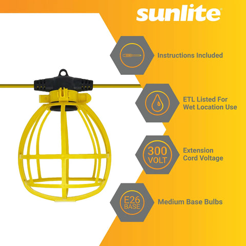 Built Tough Construction Cage String Lights 100 Ft Long With 10 E26 Medium Base Sockets 150W Max Per Bulb ETL Certified