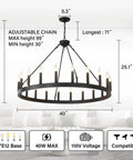 Black Wagon Wheel Chandelier 40 Inch With 20 Lights, farmhouse round industrial ceiling light dimensions in living room setup.