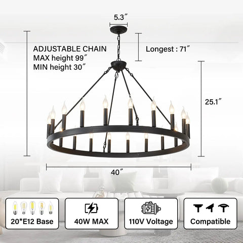 Black Wagon Wheel Chandelier 40 Inch With 20 Lights, farmhouse round industrial ceiling light dimensions in living room setup.