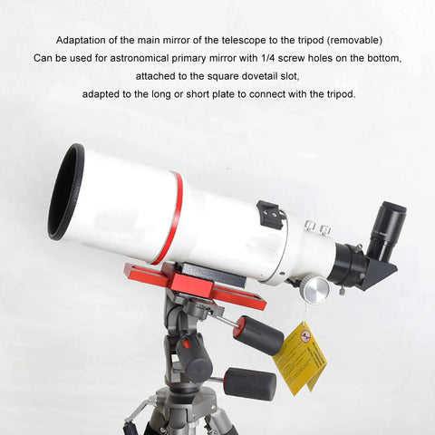 Telescope mounted on tripod using Aluminum Dovetail Clamp Saddle Mount For Telescopes And Cameras, Heavy Duty Tripod Adapter