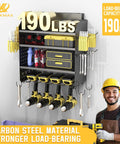 Heavy Duty Drill Wall Mount Power Tool Organizer With Eight Outlet Charging Station And Four Layer Carbon Steel Pegboard Rack With Four Drill Holders Supports Up To 190 Lb Ideal For Garage And Workshop installed with tools and accessories.