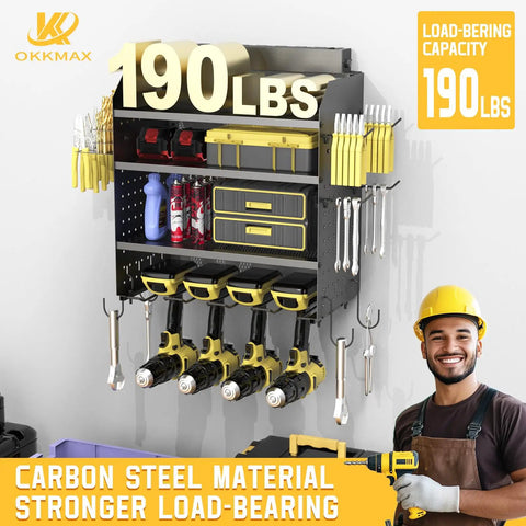 Heavy Duty Drill Wall Mount Power Tool Organizer With Eight Outlet Charging Station And Four Layer Carbon Steel Pegboard Rack With Four Drill Holders Supports Up To 190 Lb Ideal For Garage And Workshop installed with tools and accessories.