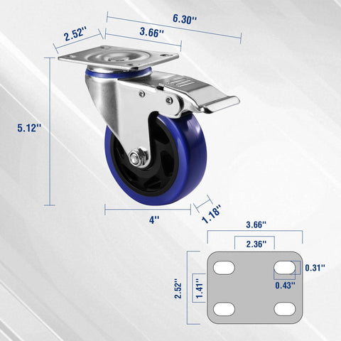 WORKPRO 4-inch swivel caster wheel with blue polyurethane wheel, metal housing and brake lever, mounting plate
