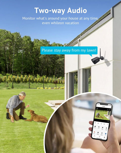 Outdoor Security Cam 1080P HD With Wi Fi Motion Detection Two Way Audio Night Vision 130 Degree Wide Angle Alexa Compatible Micro SD Card Slot And US Cloud Storage installed on house monitoring lawn with smartphone view.
