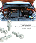 Gas Lift Support Hardware Kit With 4 Metal 13mm Ball Studs, washers, and nylock nuts shown near an open car hood.