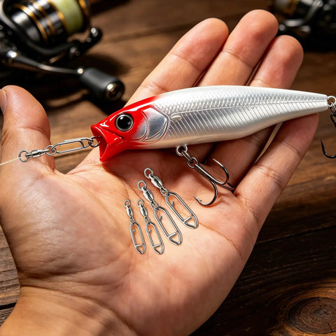 Hand holding 30 Pack Heavy Duty Stainless Steel Fishing Swivels With Snap Hooks For Lure Attachments next to fishing lure