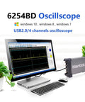 4-Channel Oscilloscope With AWG, 250 MHz Bandwidth, 1GSa Per Sec Sampling, connected to a computer screen displaying waveform