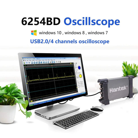 4-Channel Oscilloscope With AWG, 250 MHz Bandwidth, 1GSa Per Sec Sampling, connected to a computer screen displaying waveform