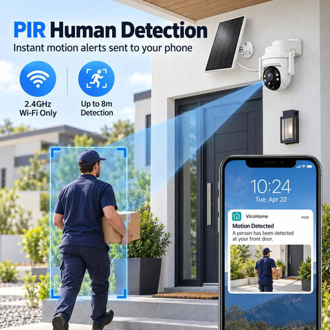 Wireless Outdoor Solar Security Camera 3MP HD with PIR motion detection monitoring package delivery at front door.