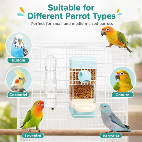 Top Tier Bird Water And Food Dispenser Set With Snap On Magnetic Tray and Drip Free Design For Parakeets Cockatiels And Lovebirds. A feeder suitable for budgies, cockatiels, lovebirds, and conures.