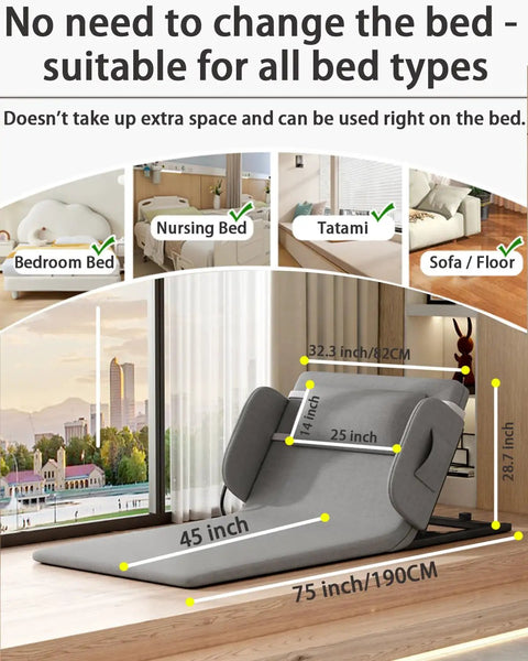 Heavy Duty Electric Bed Lift Assistant For Elderly And Disabled, adjustable backrest shown with dimensions in living room setting.