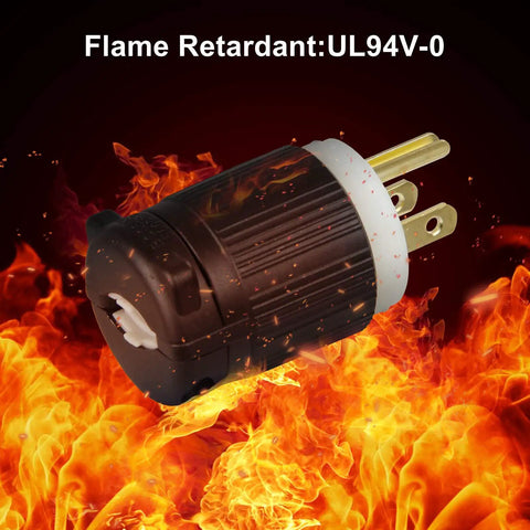 Two Pack 125V 15 Amp NEMA 5-15P Straight Blade Plug Kit in flame-retardant casing, floating over flames