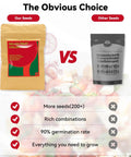 Comparison of two seed packages with features: our seeds offer more seeds, rich combinations, 90% germination rate.