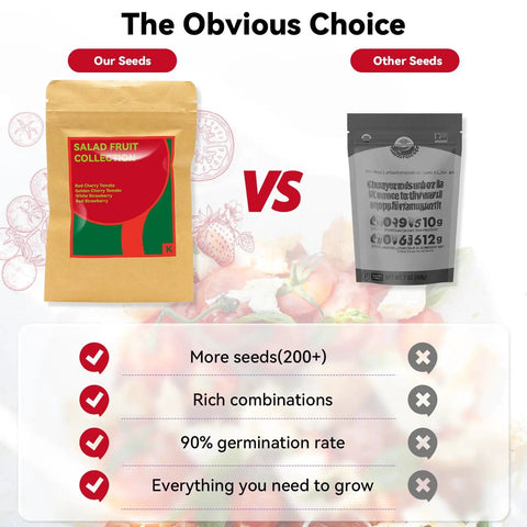 Comparison of two seed packages with features: our seeds offer more seeds, rich combinations, 90% germination rate.