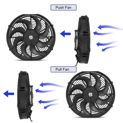 Universal 14 Inch Slim Electric Radiator Cooling Fan Kit 12V 90W showing push and pull fan configurations for optimal airflow.