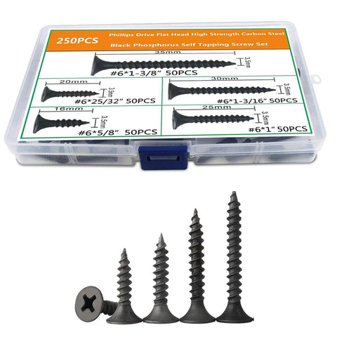 Wood Screws Kit 250 Piece High Hardness Flat Head Wood Screws Set With Phillips Drive Assorted Sizes in plastic case