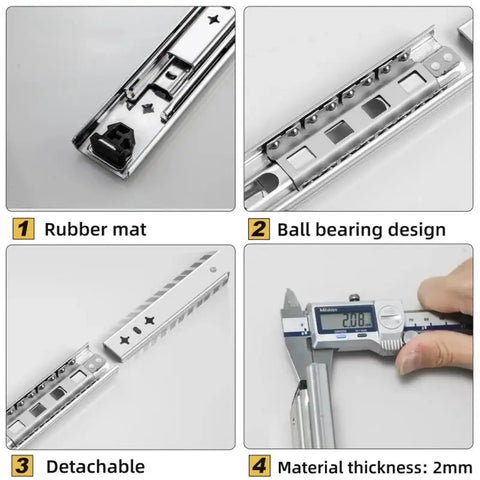Pair Of Heavy Duty Locking Drawer Slides With Full Extension And Ball Bearing System Ultra Smooth Quiet Glide Silent Close Wide Fit Rust Resistant Steel Construction For Cabinets Dressers And Home Renovations, 2mm steel