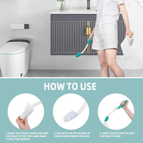 Person demonstrating Fifteen Point Seven Inch Long Reach Toilet Wiping Aid For Independence And Comfort Two Pack Butt Wiper Tools