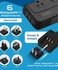 Image of Six In One Travel Adapter And Voltage Converter With Surge Protection For 220V To 110V Countries, showing universal plug types A, C, G, I for versatile use.