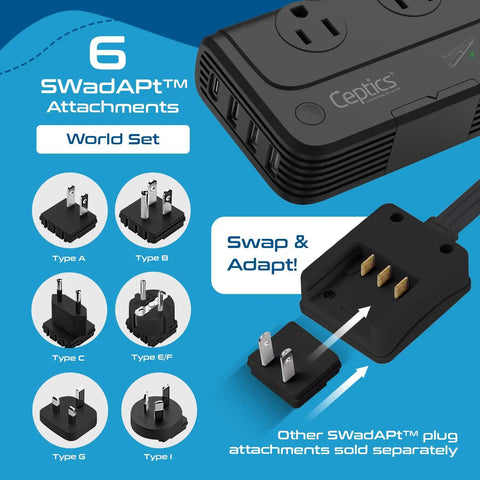 Image of Six In One Travel Adapter And Voltage Converter With Surge Protection For 220V To 110V Countries, showing universal plug types A, C, G, I for versatile use.