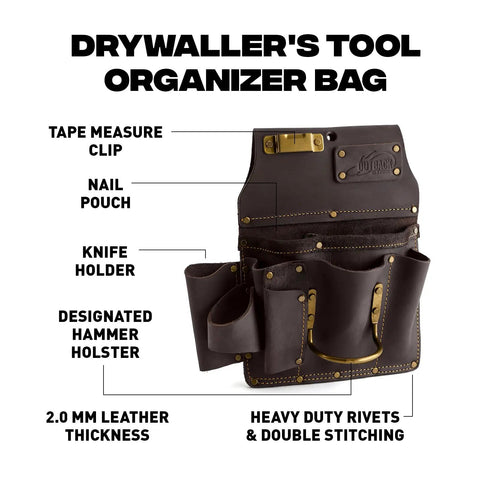 Oil Tanned Leather Drywall Tool Pouch with hammer loop, double stitching, 12 pockets visible including designated hammer holster.
