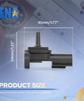 Side view of ENA MAP sensor, black plastic automotive part, 45mm by 34mm with electrical connector