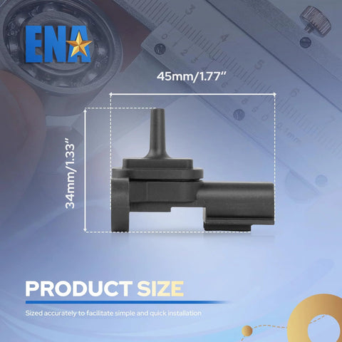 Side view of ENA MAP sensor, black plastic automotive part, 45mm by 34mm with electrical connector