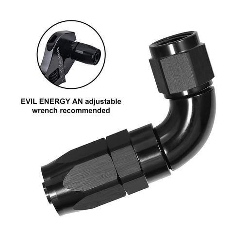 12AN 90 Degree One Piece Full Flow Hose End Fitting Swivel For CPE Braided Hose Aluminum 6061 T6, 1 1/16-12 UNF, AN12, black 90-degree hose fitting