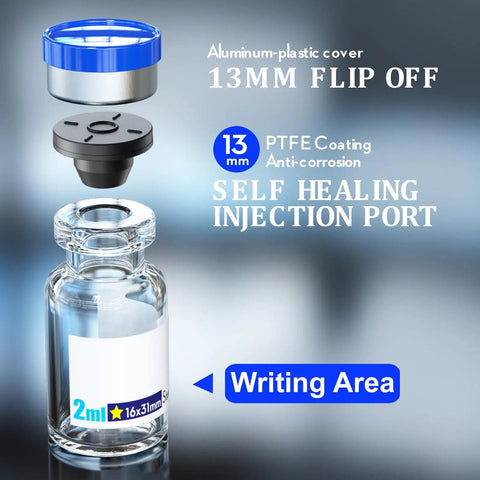 Sterile Empty Vials With Self-Healing Injection Port And Aluminum Plastic Cap Pack Of 10, 2mL Clear Glass Vials For Lab Use, Sterile Packaging, Leak-Free Seal, Ready For Precise Dose Handling. 2mL clear glass vial with 13mm flip-off cap and self-healing port