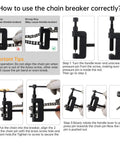 Instruction diagram for using 13Pcs Chain Breaker Tools Kit With Chrome Vanadium Steel For Motorcycle ATV Dirt Bike Scooter And Bicycle Chain Repair Riveter Set With Press Anvils Pins And Carrying Case