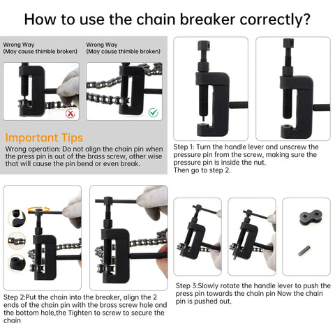 Instruction diagram for using 13Pcs Chain Breaker Tools Kit With Chrome Vanadium Steel For Motorcycle ATV Dirt Bike Scooter And Bicycle Chain Repair Riveter Set With Press Anvils Pins And Carrying Case