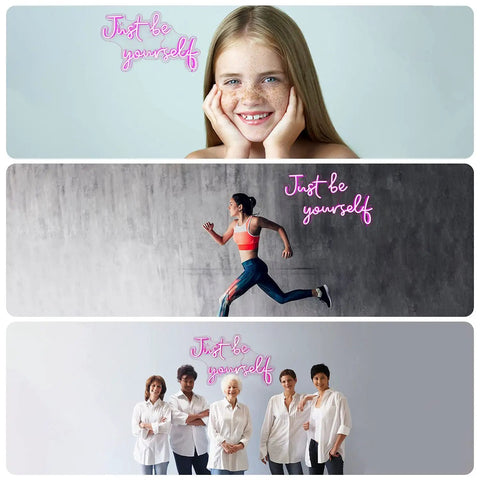 Pink USB Powered Neon Sign For Wall Decor LED Light Neon Art with 'Just be yourself' message in different scenarios.