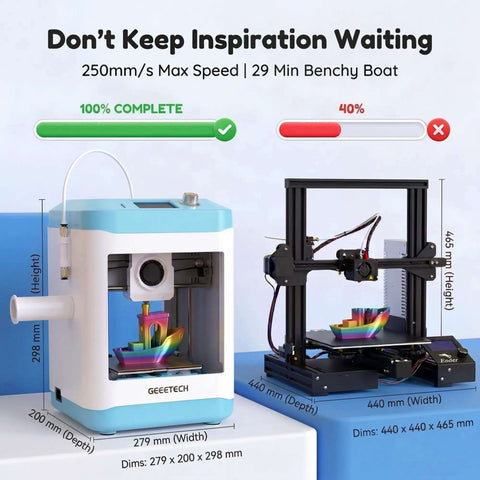 Kid Friendly 3D Printer For Beginners With Auto Leveling And High Speed Printing Direct Drive Extruder PLA And TPU shown next to another printer for comparison